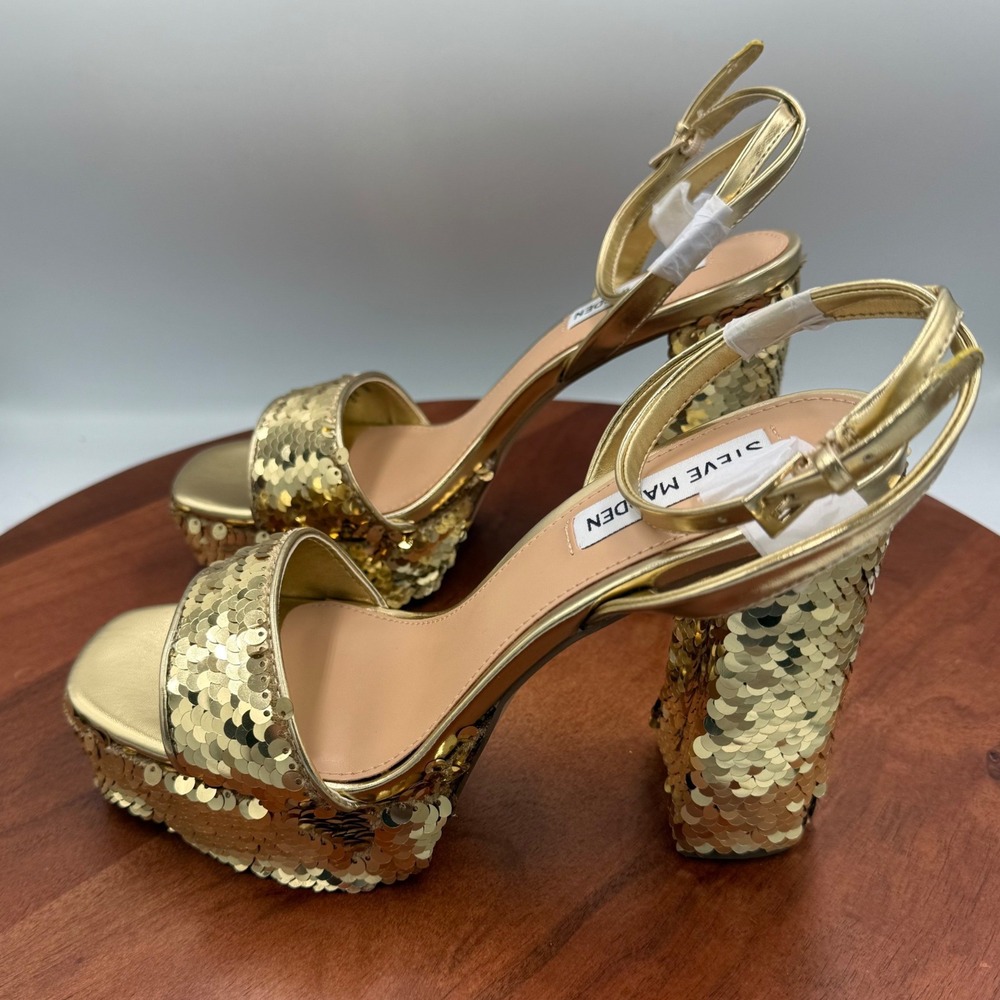 Steve Madden Lessa-S Gold Sequin Platform Block Heel Sandals Womens 8.0 LESS09S1